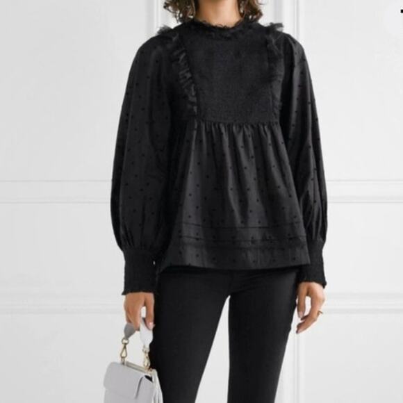 THE GREAT. The Portrait Tulle Flocked Cotton Voile Smocked Blouse Black Medium - Picture 1 of 10